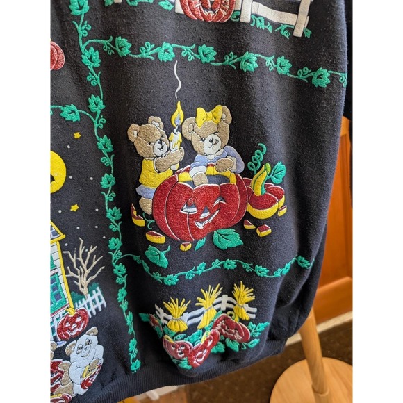 Vintage Spumoni 1X Halloween Fall Sweatshirt Embroidered Pumpkin Bears Scarecrow - Picture 3 of 11